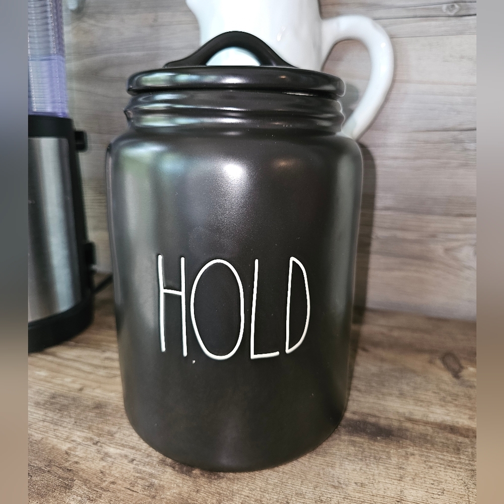 Rae Dunn Artisan Collection by Magenta Black CANISTER JAR "HOLD" 9.25" TALL